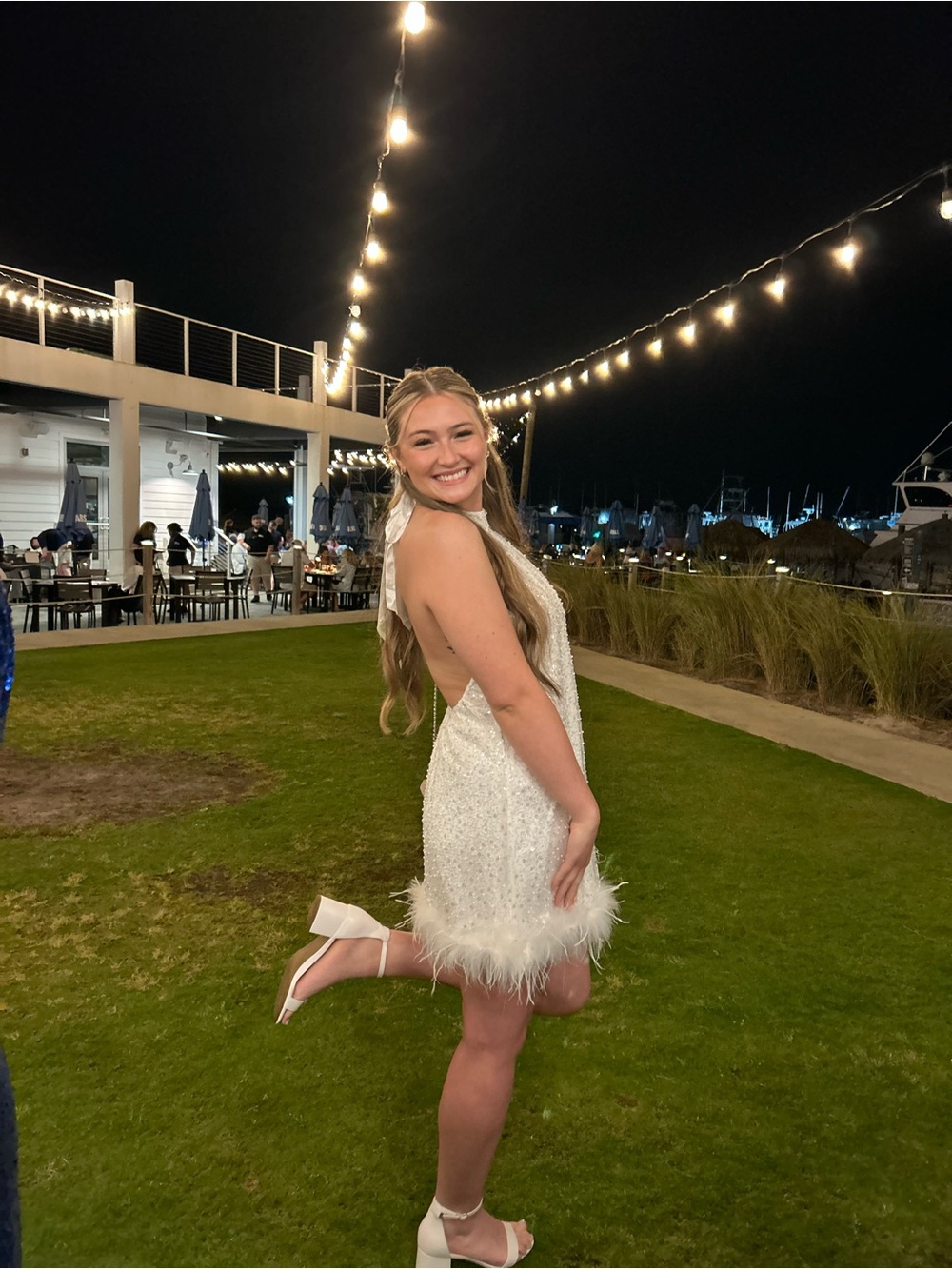 12th Tribe White Beaded Halter Mini Dress with Feather Hem